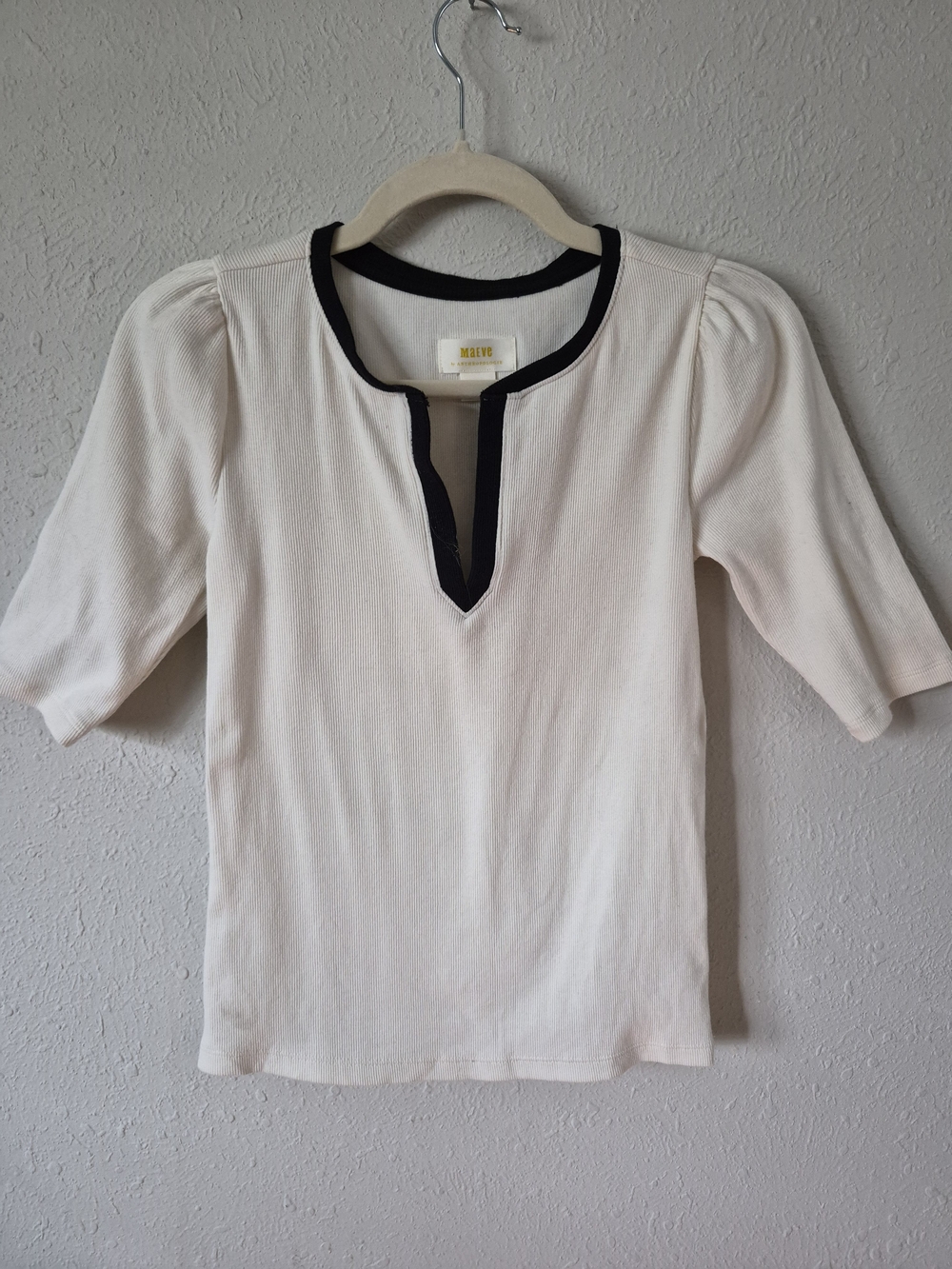 Maeve Anthropologie Ribbed Knit Black Trim Ivory Top Size XS